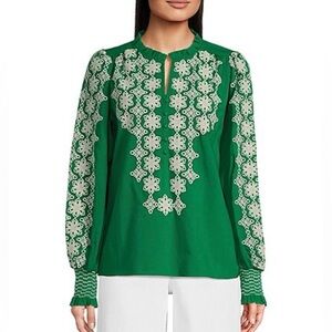 Gibson & Latimer Emerald Woven Embroidered Floral Ruffled Split Neck Blouse XL